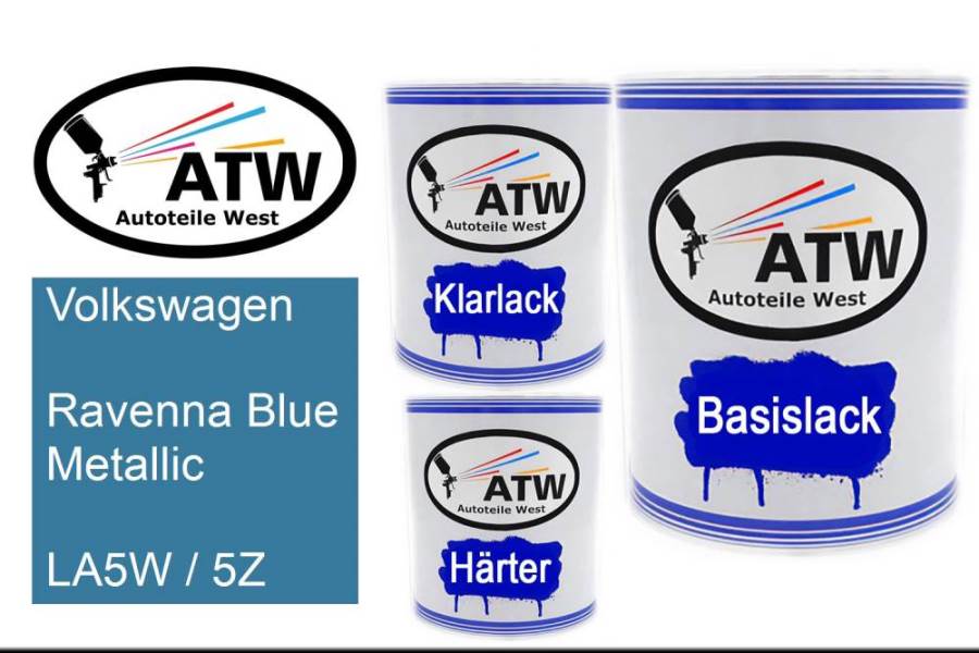 Volkswagen, Ravenna Blue Metallic, LA5W / 5Z: 1L Lackdose + 1L Klarlack + 500ml Härter - Set, von ATW Autoteile West.